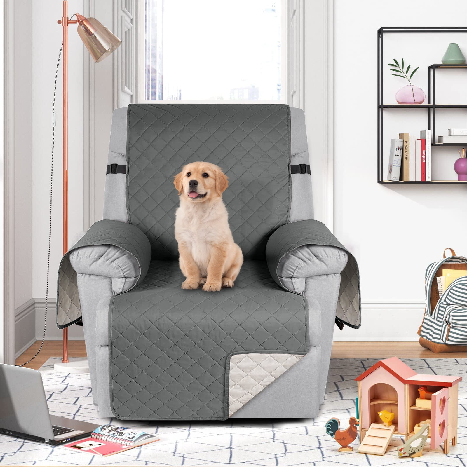 Sanmadrola Recliner Chair Cover Reversible Small Recliner Slipcover for Dogs Seat Width to 28 Inch Washable Couch Cover with Elastic Straps for Kids and Pets(Large Recliner, Grey)