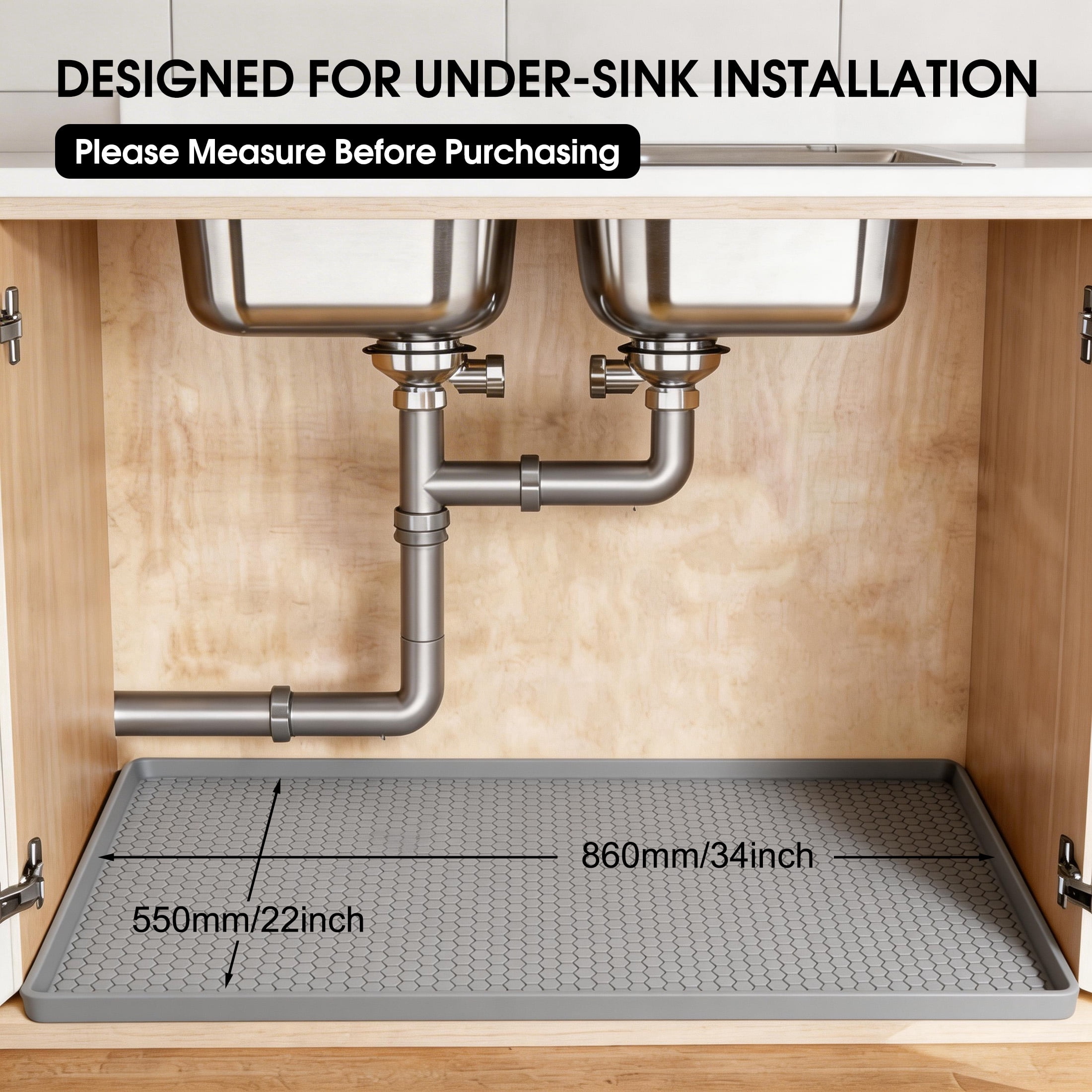GARITIN Under Sink Mat 34" x 22", Waterproof Silicone Kitchen Cabinet Liner, Non-Slip Protector for Bathroom & Laundry, Gray