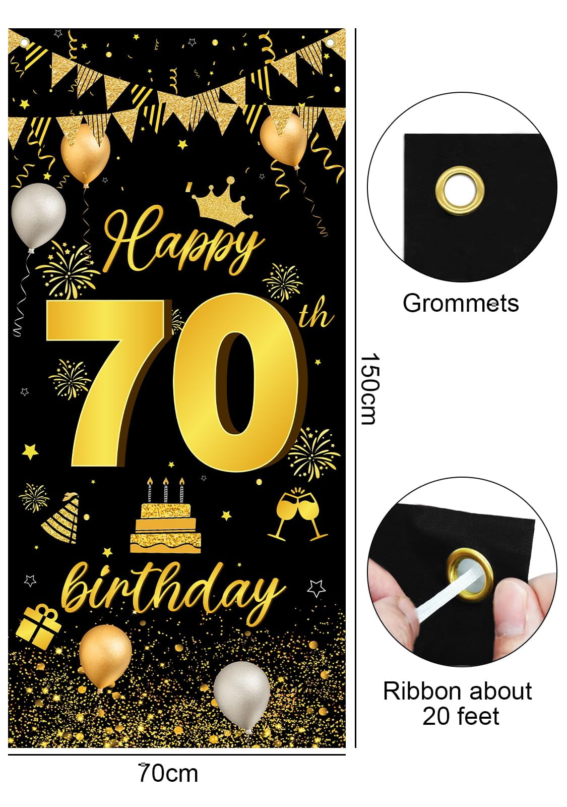 Crenics 70th Birthday Backdrop Banner - Black & Gold "Back In 1954" Decor, 5.9x3.6 Ft, For 1954 Themed Party - View #3