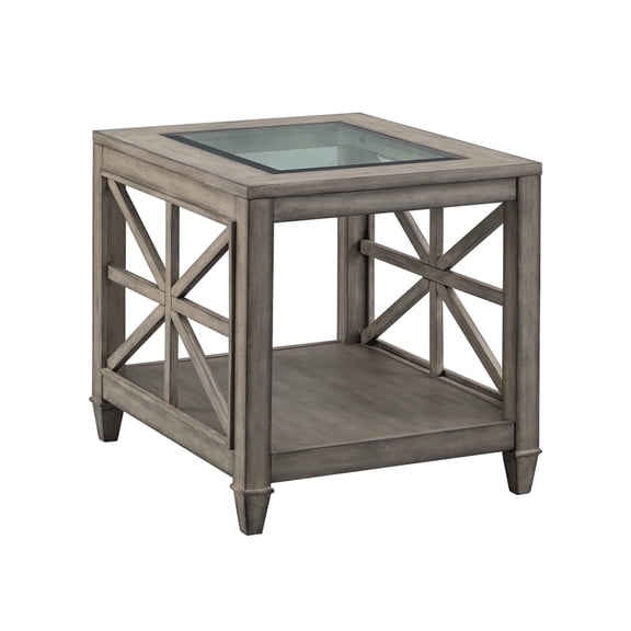 BAXMUY Solid Wood End Table with Glass Top, Large 28" x 24" Farmhouse Side Table, Grey Wash