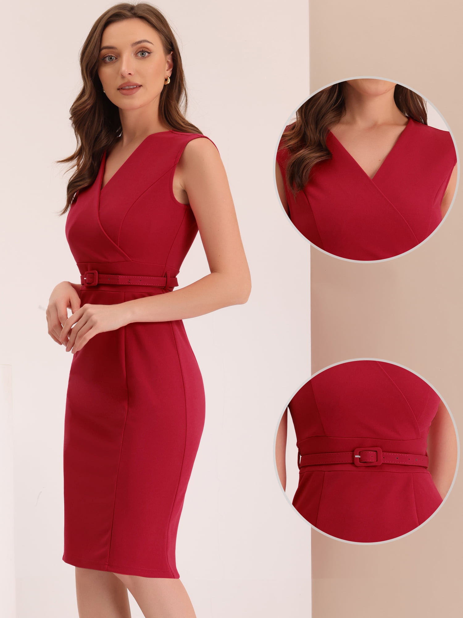 DARING DIVA Pencil Sleeveless Wrap V Neck Belted Office Dresses M Red