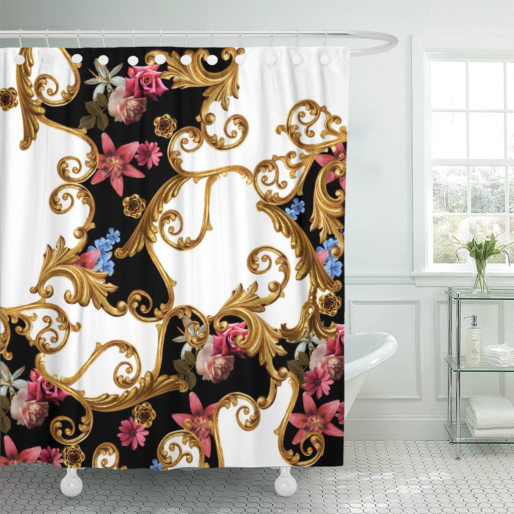PKNMT Colorful Floral Flowers and Golden Baroque Pattern Graphic Antique Shower Curtain 60x72