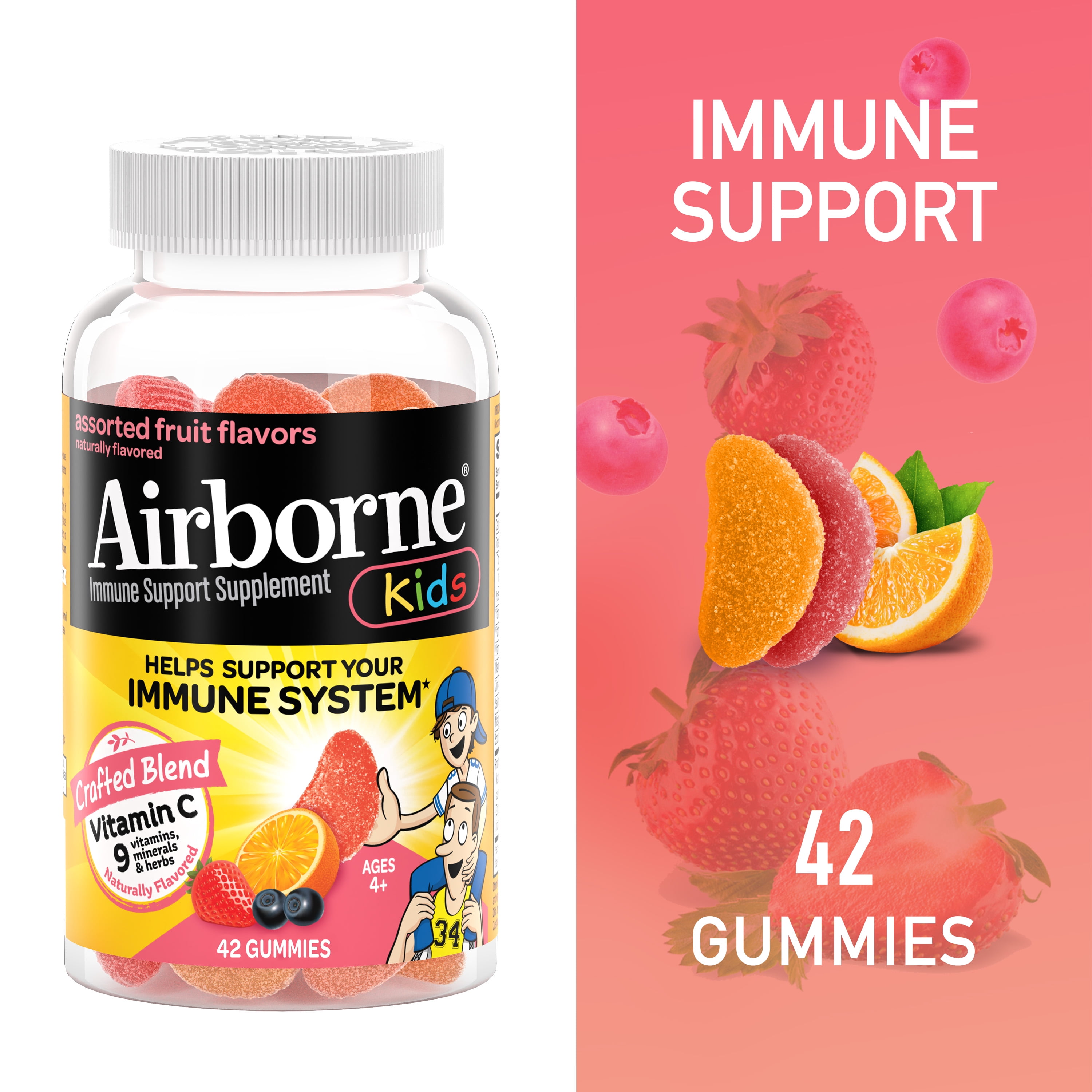 Airborne Kids Assorted Fruit Flavored Gummies, 42 count 500mg of