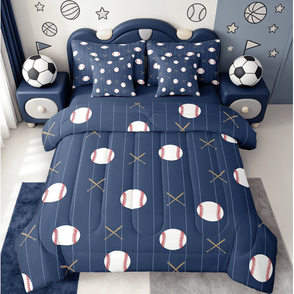 Manfei Baseball Bedding Sets Twin Size,Sports Theme Comforter Sets with Sheets,Blue White Bed in a Bag Twin Size For Boys,Ultra Soft Room Decorative Reversible,7-Piece