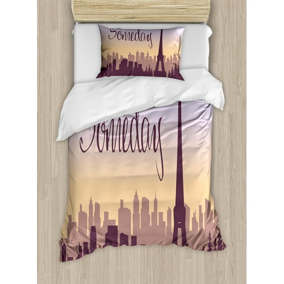 Eiffel Tower Duvet Cover Set Twin Size, Someday Calligraphy and Building Silhouettes, Decorative 2 Piece Bedding Set with 1 Pillow Sham, Eggplant Pastel Purple Pale Peach Warm Taupe, by Ambesonne