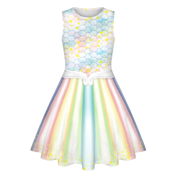 Mermaid Digital Printing Girls Round Neck Sleeveless Summer Dress Fashion Princess Dress