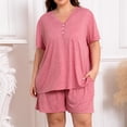 thumbnail image 4 of Domzest Womens Plus Size Short Pajama Sets V Neck Button Up Top & Drawstring Elastic Waist Shorts with Pockets 2026 Summer Loose Fit Sleepwear Sets Pink 2XL, 4 of 7