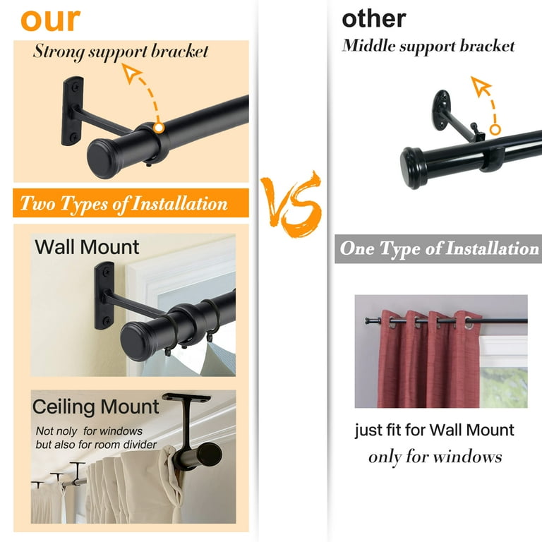 72 to 144 Curtain Rods for Windows 1 inch Industrial Curtain Rod Adjustable Wrap Around Black Curtain Rods Wall Mount Ceiling Mount Black