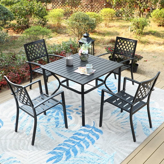 5-Piece Outdoor Patio Dining Set with Stacking Chairs, All-Weather Meatal Steel Furniture, Black