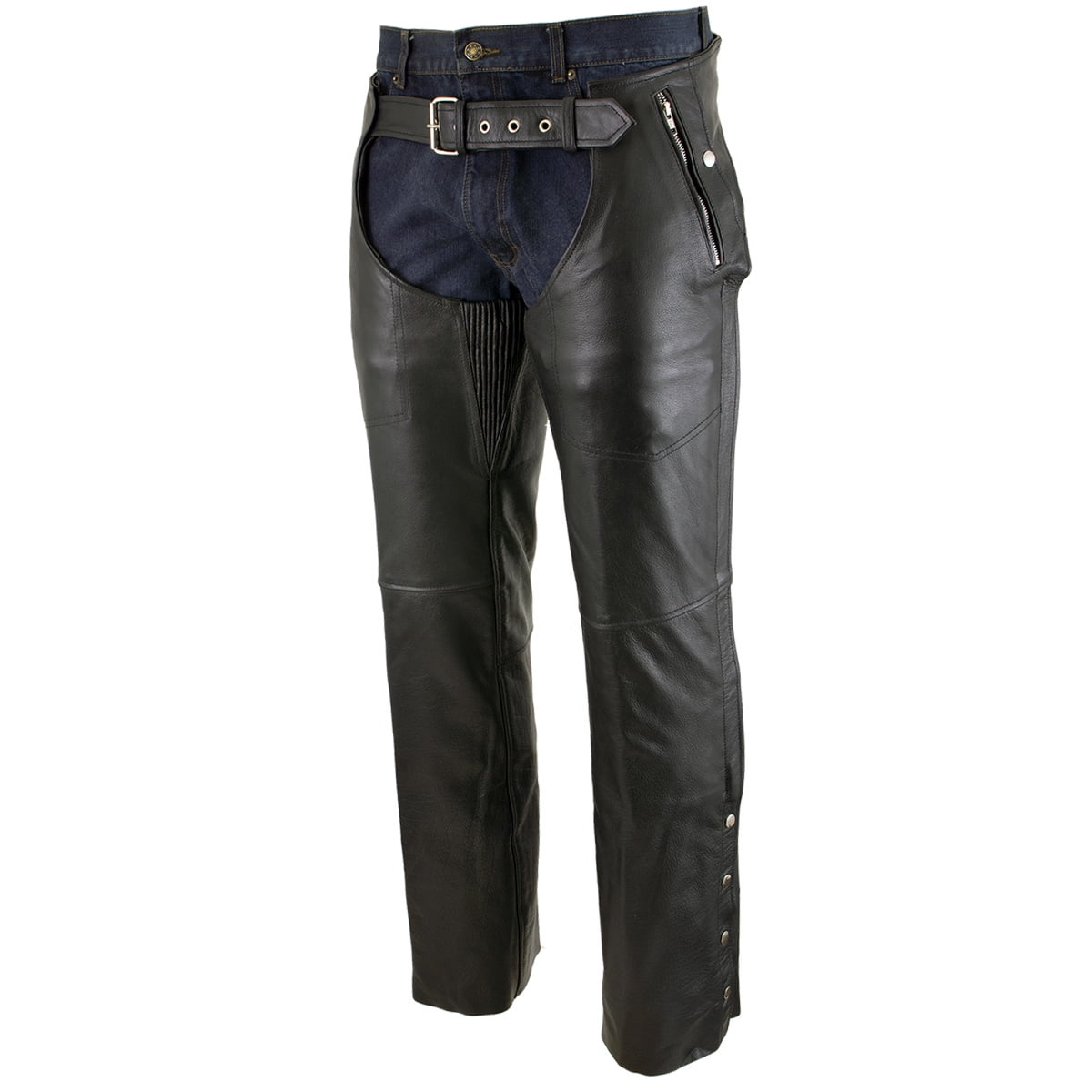 Black Solid Genuine Leather Motorcycle Riding Chaps with Full Lining Adjustable 