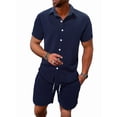 thumbnail image 3 of Men'S Waffle Knit 2-Piece Outfit with Button Down Shirt and Shorts for Summer Navy Blue S, 3 of 6