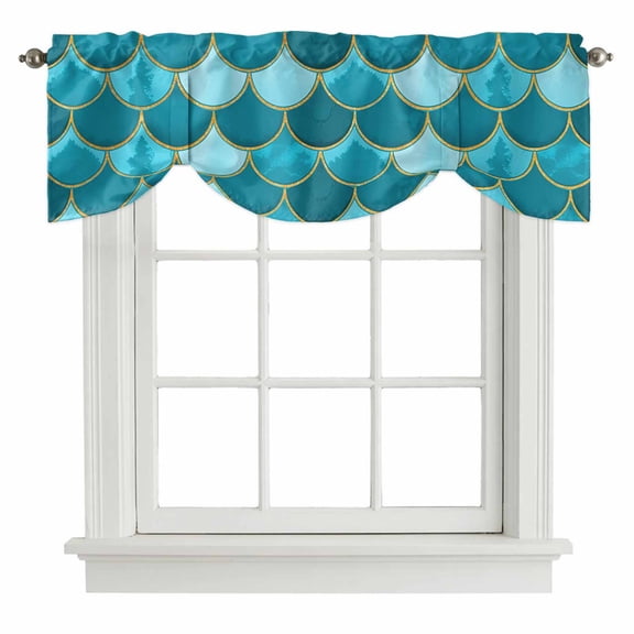 Green Tie Up Valance Curtains for Windows, Kitchen Curtains Window Treatments, Modern Geometric Fish Scale Abstract Moroccan Short Window Shades Valances for Bedroom Bathroom Cafe 54"x18"