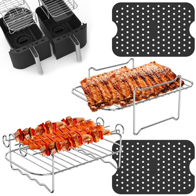 Sutowe Air Fryer Accessories Set with 2 Air Fryer Silicone Mat 2 Stainless Steel Air Fryer Rack with 4 Skewers Reusable Non-Stick Heat-Resistant Rectangle Dehydrator Rack 4Pcs
