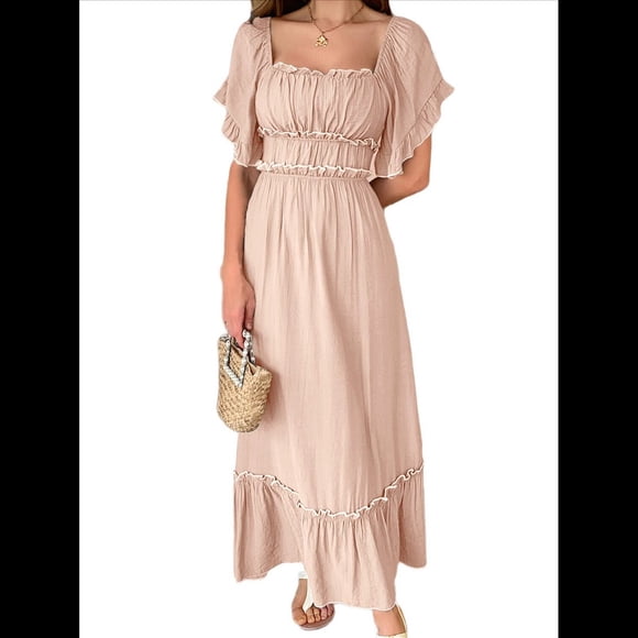Vestido Midi de Corta para Mujer, Cuello Cuadrado, Color Contrastante, Informal, Fruncido con Ribetes. Naranja Rosa M