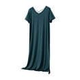 thumbnail image 2 of Voncos Women's Maxi Nightgown -Short Sleeves V-Neck Pullover Sleep Dress Side Slit Soft Modal Cotton Blend Breathable Sleepwear for Sleep & Lounging Green L, 2 of 5