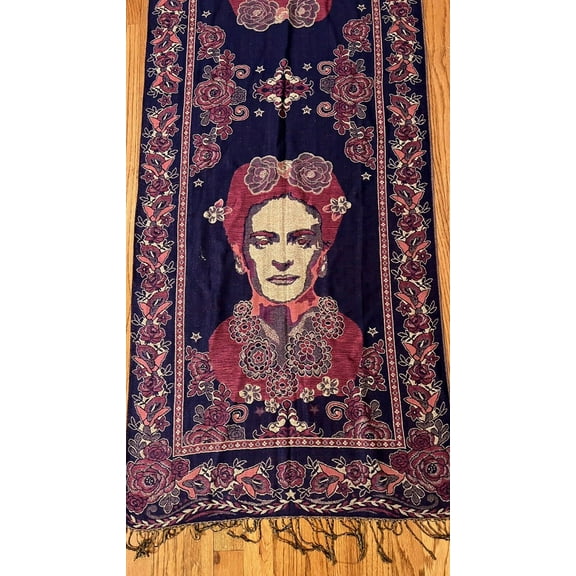 Mexican Pashmina Shawl Scarf Wrap Artist Frida Kahlo Purple Pink Gold Reversible New