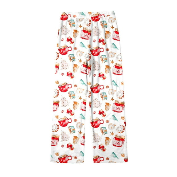 Fiaer Christmas Women Flannel Pajama Pant Comfy Warm Thickened Sleepwear Trousers High Waisted Funny Graphic Pjs Slacks White XL