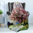thumbnail image 4 of Country Soft Flannel Fleece Blanket, Painting of Spring Landscape Blooming Nature Flowering Tree and Fresh Grass Nature, Cozy Plush for Indoor and Outdoor Use, 50" x 70", Pink Green, by Ambesonne, 4 of 5