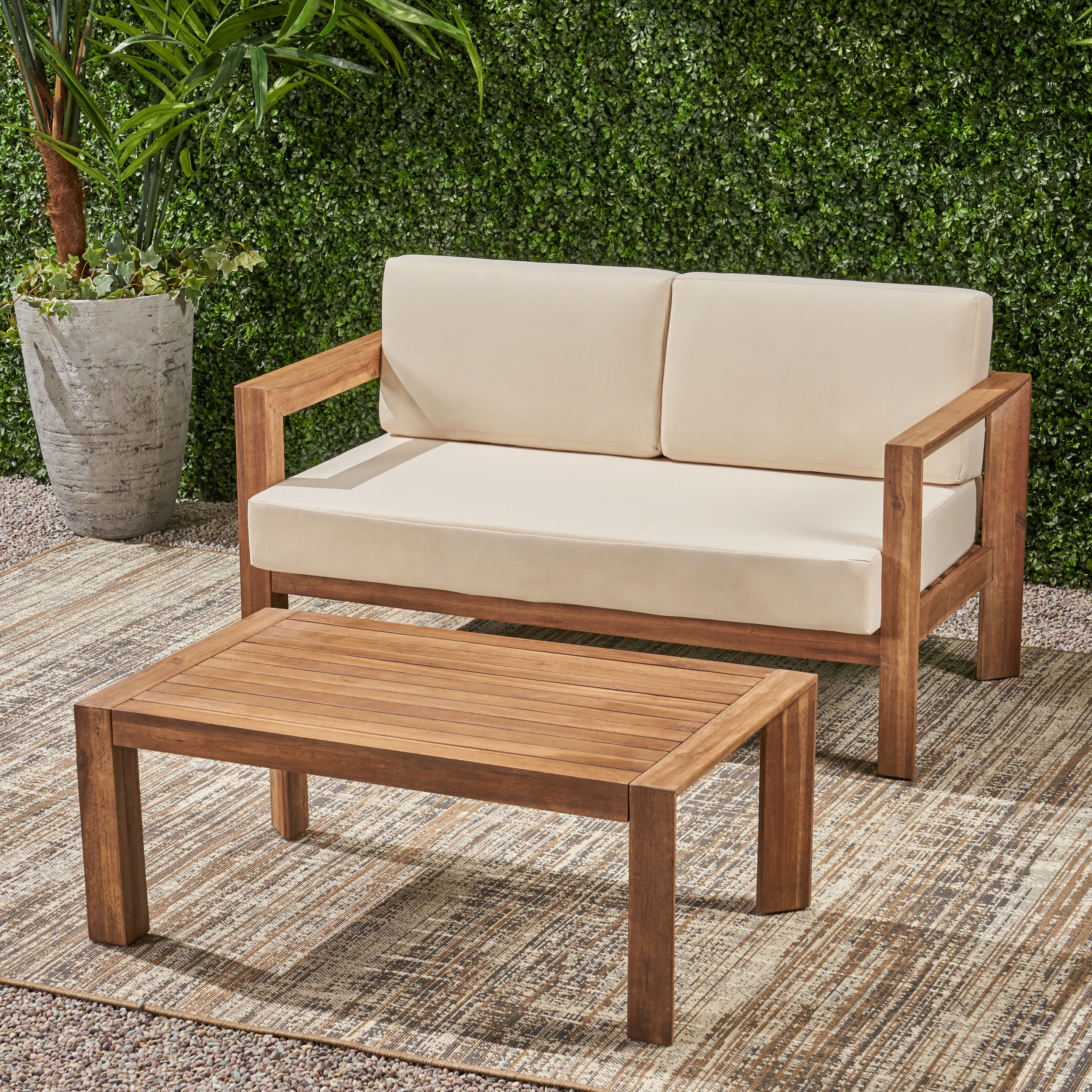 Euroco Modern Outdoor Loveseat and Coffee Table Set, Acacia Wood Frame with Water-Resistant Cushions, Open Slat Design, Natural Finish