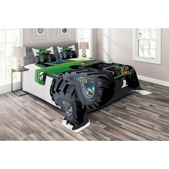 Ambesonne Cartoon Quilted Coverlet 3 Pcs, Monster Pickup Truck, King Size, Green Grey