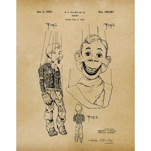 Original Howdy Doody Puppet Artwork Submitted In 1950 - Toys and Games - Patent Art Print