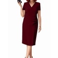 thumbnail image 2 of Women'S V Neck Short Sleeve Dress Solid Color Plus Size Casual Summer Maxi Day Gown Office Wear Wine Red XL, 2 of 7