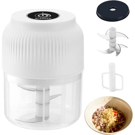 Household Electric Garlic Crusher, 350ml Garlic Mincer Electric with Lid, 6 Blades Mini Electric Food Chopper for Garlic, Onion, Ginger, Chili, Spices and Fruit (3 blades white)