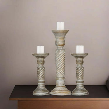 Traditional Gray Wash Eco-friendly Handmade Mango Wood Set Of Three 9",15" & 9" Pillar Candle Holder for use, Living Room, Dinning Room, Study Room, Spa, Restaurants, Place Of Worship, etc