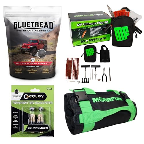 MORRFlate Xtreme 4x4 Off-Road Tire Repair Kit, Tire Plugs, Sidewall Patches, Valve Stems, Tool Roll