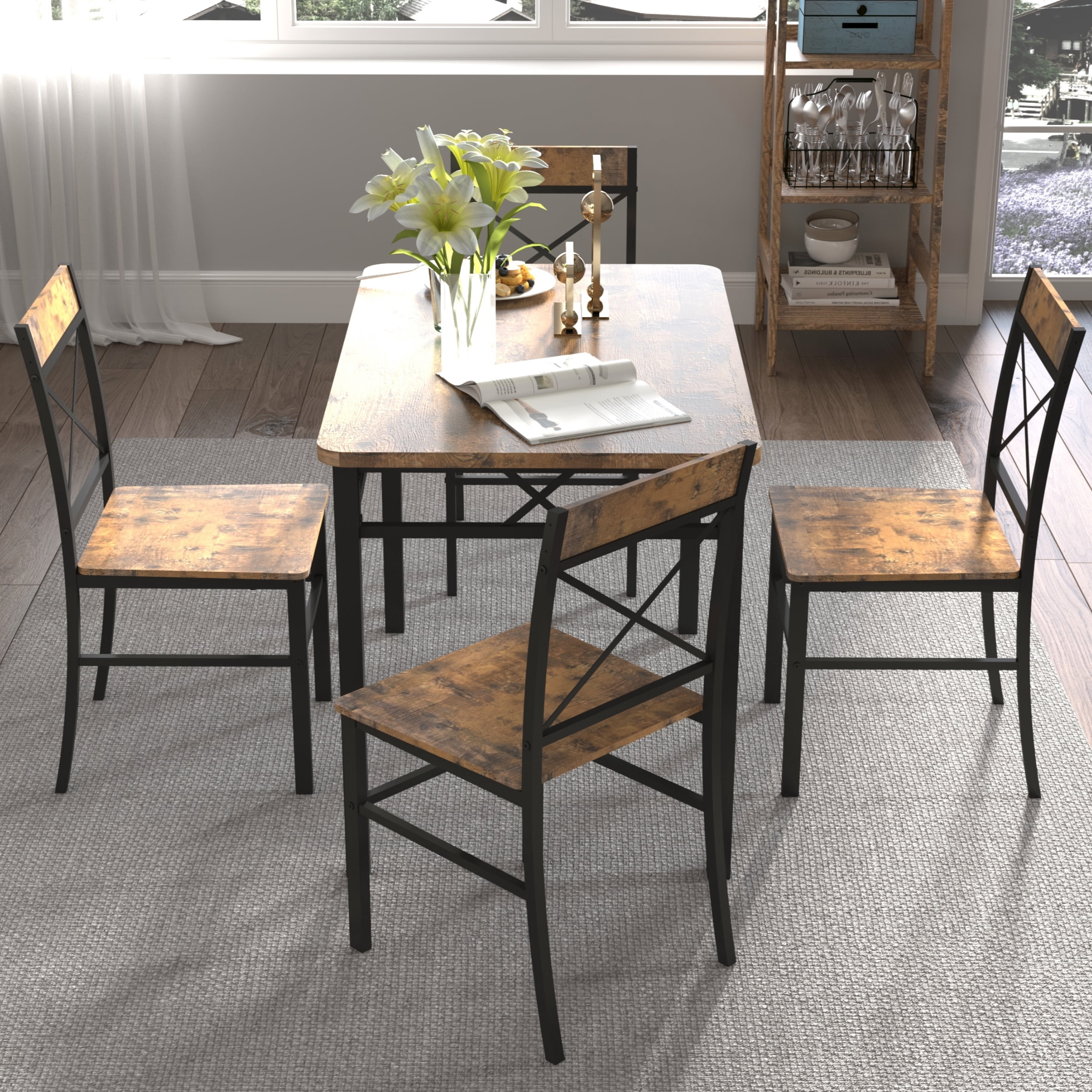 Aukfa Dining Table Set for 4, Wood Kitchen Table with Dinning Chair for Small Space, Brown
