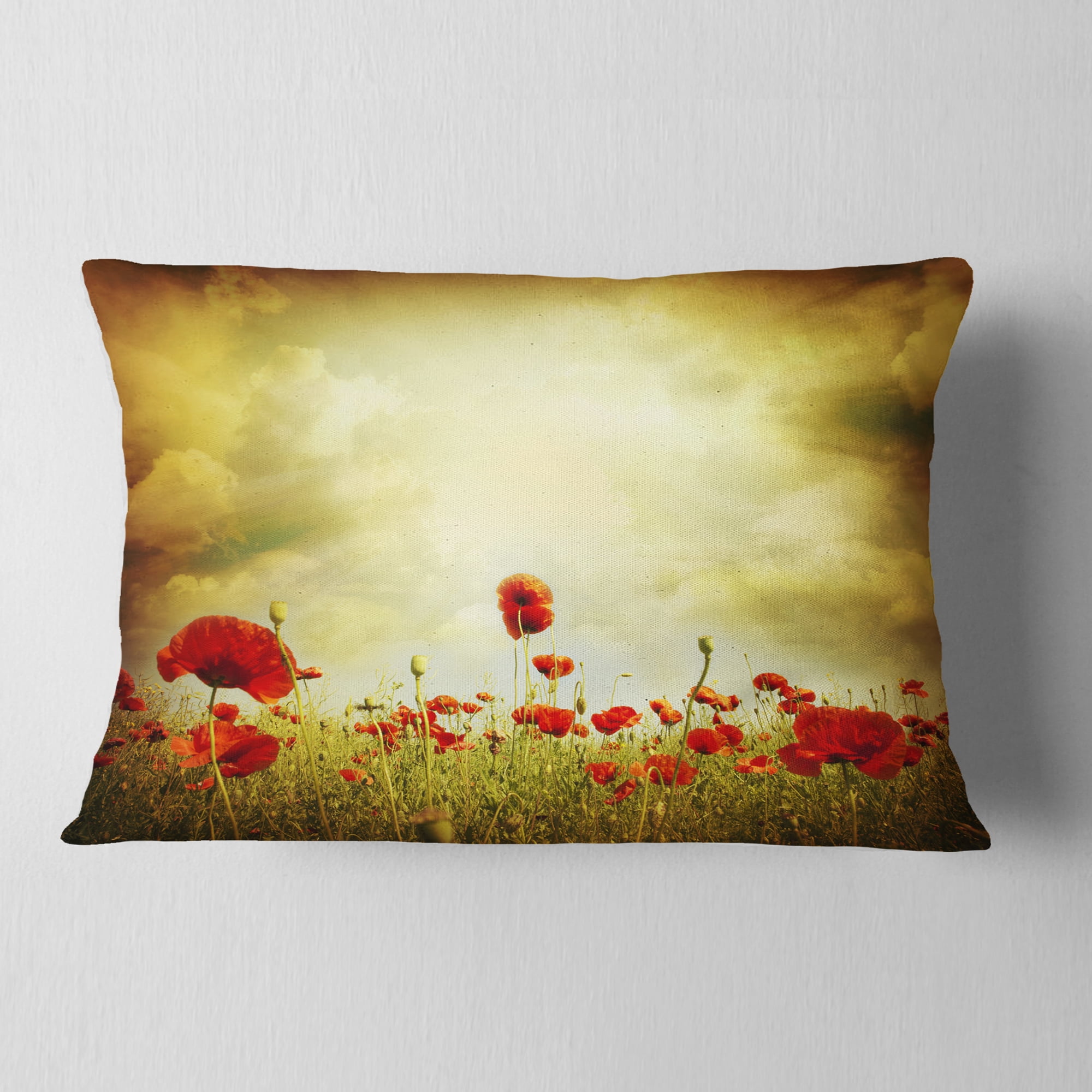 Designart Red Poppies on Grunge Background - Floral Throw Pillow - 12x20