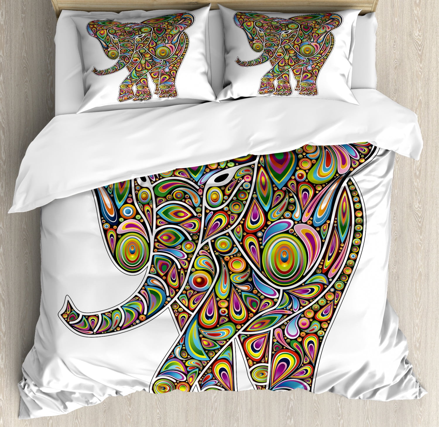 Psychedelic Queen Size Duvet Cover Set, Large Eastern Elephant Figure  Trippy Pattern Boho Art Savannah Illustration, Decorative 3 Piece Bedding  Set with 2 Pillow Shams, Multicolor, by Ambesonne - Walmart.com
