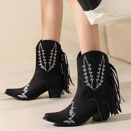 

Pumps Vintage Women Fringed Western Cowboy Boots Fashion Solid Color Slip On Boots Outdoor Heel Booties Shoes