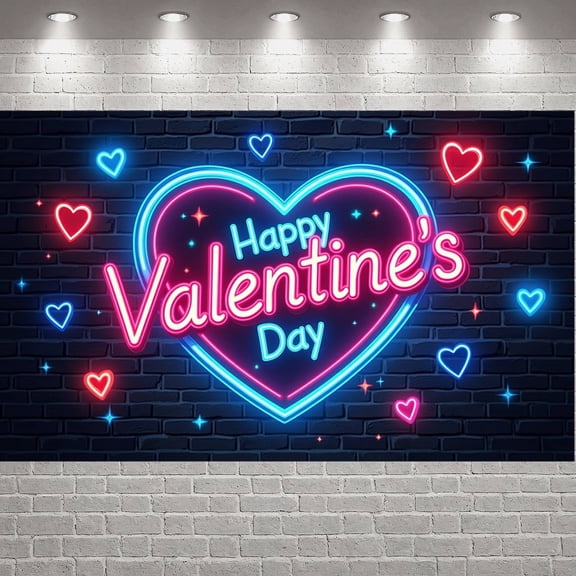 Neon Happy Valentine's Day Banner Heart Pattern Valentine's Day Backdrop Colorful Neon Romantic Display for Couple Gathering Indoor Party Romantic Dinner