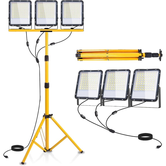 40000 Lumen LED Work Light with Stand, 3-Head Adjustable Tripod Lights with 16.4FT Extended Cord, IP65 Waterproof Work Lamp for Indoor & Outdoor Job Sites, Workshops, Construction, Garage Lighting