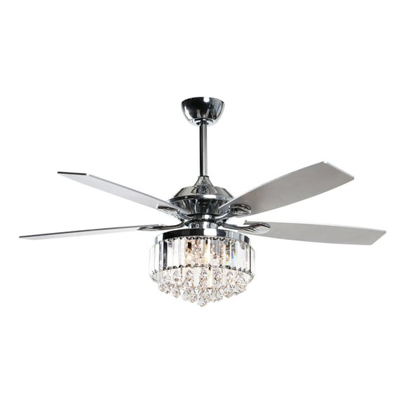 52 inch Flush Mount Ceiling Fan with Remote Modern Crystal Chandelier Ceiling Fan with Reversible 5 Blades, 3 Bulbs Not Included, Chrome