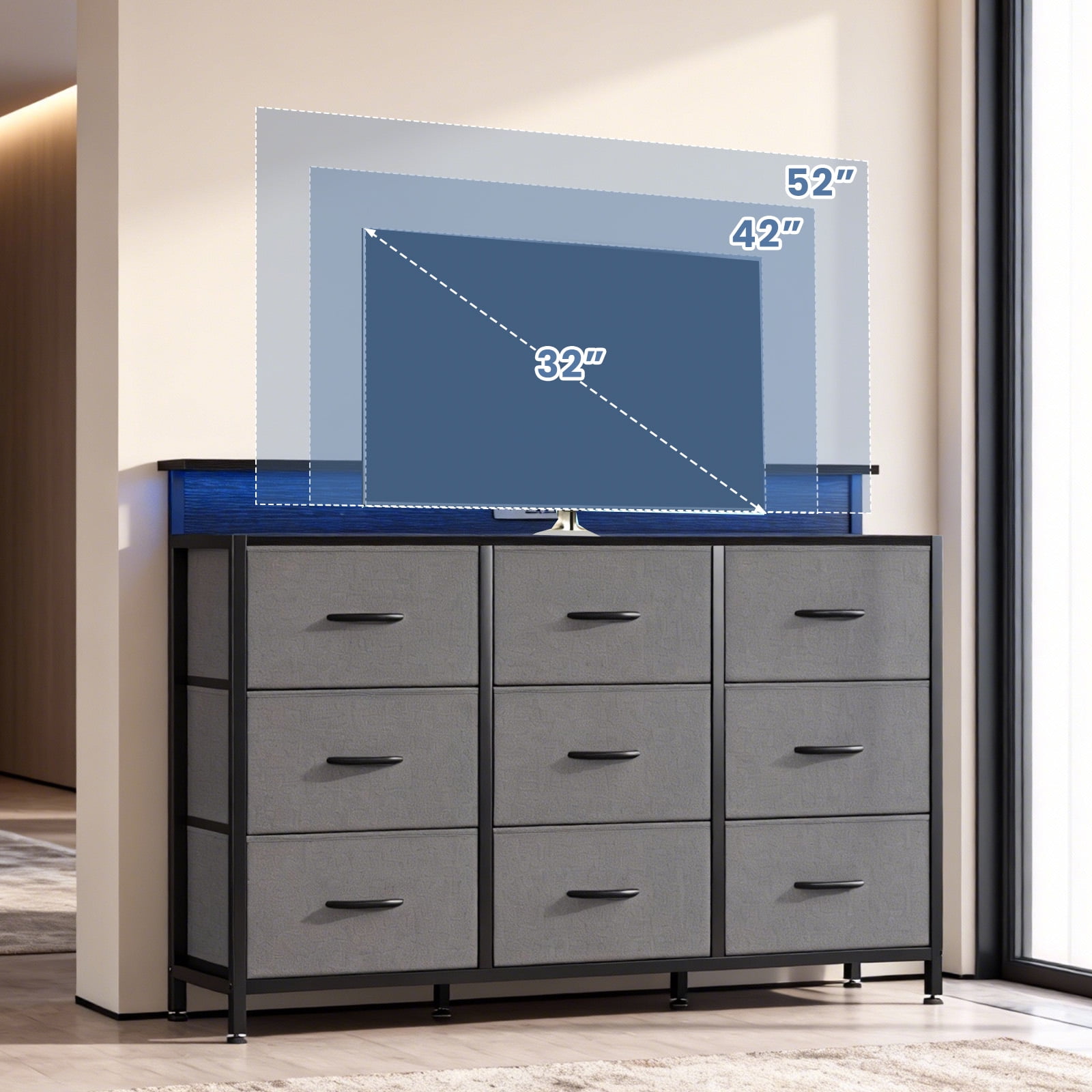 edx 9-Drawer Fabric Dresser TV Stand, Multifunctional Storage Cabinet with Power Outlets & LED Light, Gray