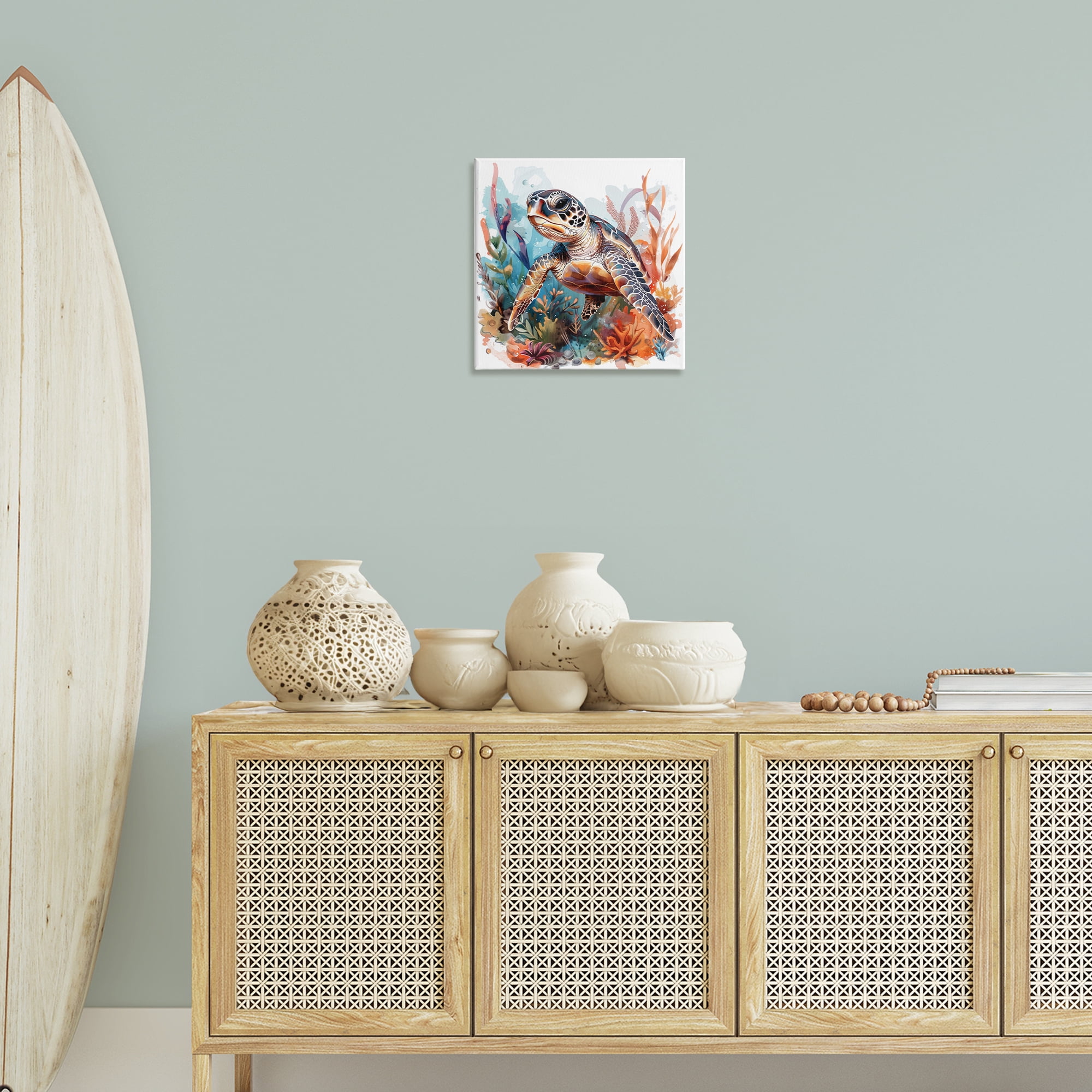Stupell Industries Drifting Sea Turtle Animals Painting Wrapped Canvas Art Print Wall Art, 17 x 17