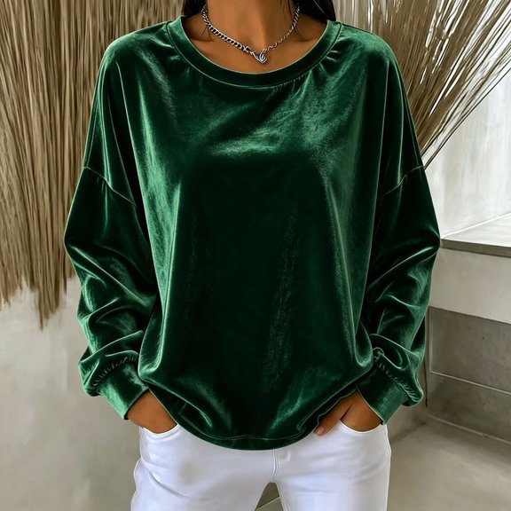 thefmos Women's Round Neck Velvet Pullover Top Long Sleeve Solid Color Casual Loose Fit Sweatshirt Trendy Fall Winter Outfit, Green 2XL