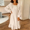 thumbnail image 4 of QUNYINEY Women's Nightgown Long Sleeve Beige Soft Flannel Sleep Dress Square Neck Warm Long Ruffle Loose Lounge Wear for Women, 4 of 8