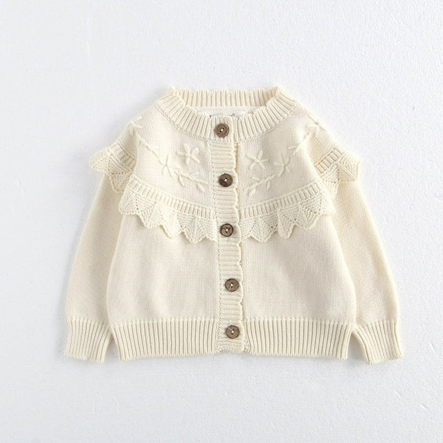 Girls Cotton Cardigan Embroidered Solid Color Ruffle Trim Lightweight Knit Sweater Open Front for Toddler 2-12Y