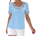 thumbnail image 5 of SSZMDLB Women V Neck Short Sleeve T-Shirts Eyelet Lace Top Curved Hem Solid Casual Summer Tees Elegant Vacation Outfits Workout Clothes, Blue M, 5 of 5
