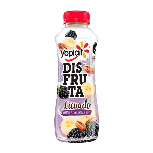 Yoghurt bebible Yoplait Disfruta plátano moras y nuez 307 g en botella plástica con tapa roja, bebida natural con fruta real y nuez visible, lista para consumir en cualquier lugar, ideal para desayuno o snack saludable.