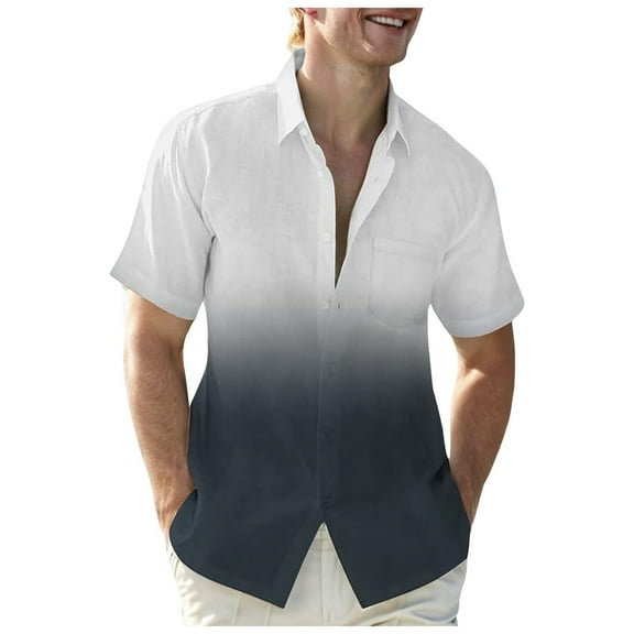 IYTR Mens Beach Shirts Casual Gradient Color Short Sleeve Summer T Shirts Button Up Lapel Fashion Hawaiian Vacation Shirts With Pocket Comfy Black L