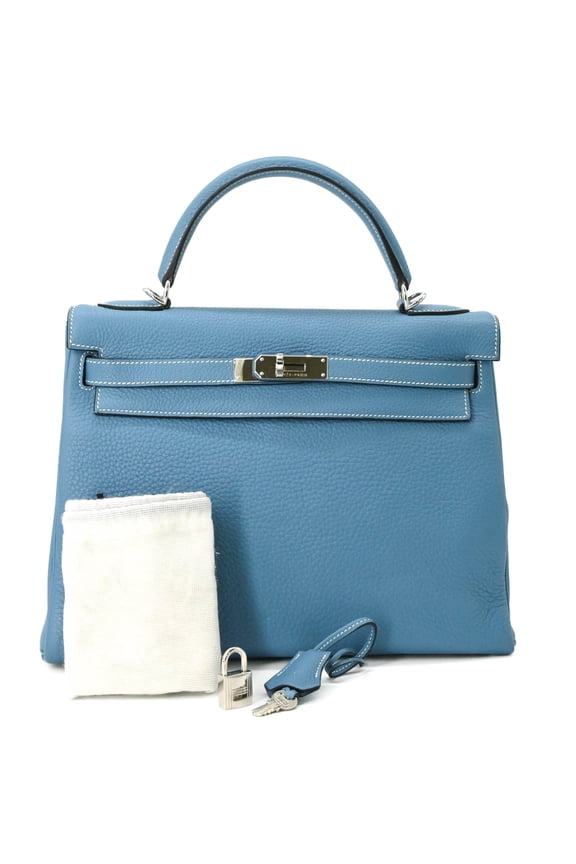 Pre-Owned HERMES Kelly 28 Handbag Tote Bag, Taurillon Clemence Leather, Women's, Blue Jean