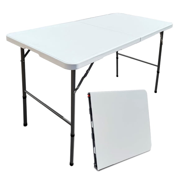 4-Foot Foldable Table with Built-In Handle and Steel Legs Heavy-Duty Folding Portable Table Ideal for Parties, Dining, Events, Picnics, Indoor & Outdoor Use, Camping, and Utility Purposes White