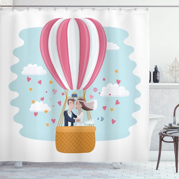 Valentine's Day Shower Curtain, Pattern of a Bride and a Groom Kissing in a Hot Air Balloon, Fabric Bathroom Set with Hooks, 69W X 70L Inches, Pale Seafoam Multicolor, by Ambesonne