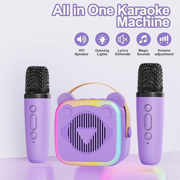 Cat Ear Mini Portable Karaoke Bluetooth Speaker with 2 Wireless Microphones, USB Rechargeable Karaoke Machine with Dazzling LED Disco Lights for Family Gatherings