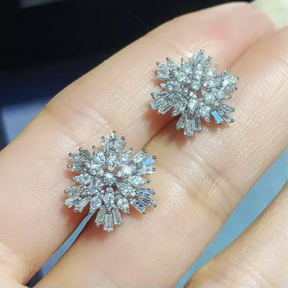 925 Silver Women Snowflake Stud Earring Luxury Cubic Zircon Wedding Jewelry