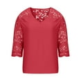 thumbnail image 4 of Yyeselk Women Casual Summer Blouses Short Sleeves Sexy V-Neck T-Shirt Pure Color Crochet Eyelet Patchwork Lace Mesh Splicing Pullover Tops Red XL, 4 of 6